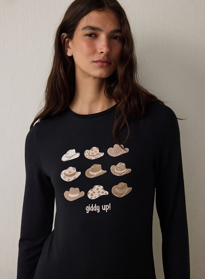 Penti Black Lana Slogan Printed Crew Neck Pajama Set - Image 3